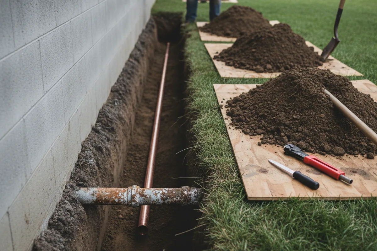 Excavated water line trench during Water Softener Installation in Stony Brook